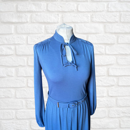 Elegant Blue 1940s style Long-Sleeved 70s Vintage Midi Dress. Approx UK size 8-10
