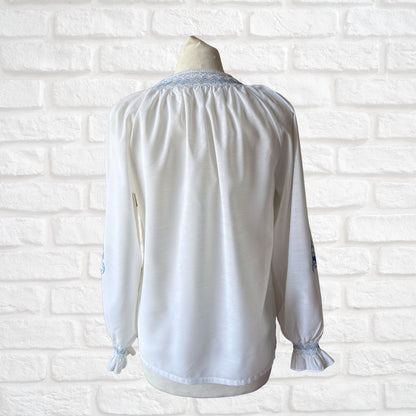 White Vintage Peasant Style Blouse with Blue Floral Embroidery. Approx UK size 8-10