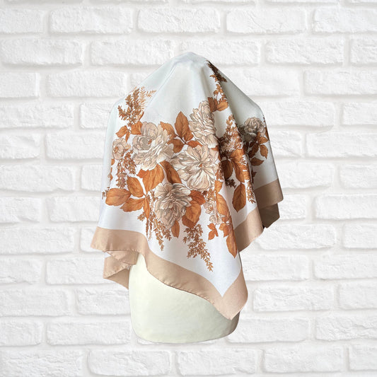 Stylish Brown and White Square Botanical Vintage Scarf. Great Gift idea