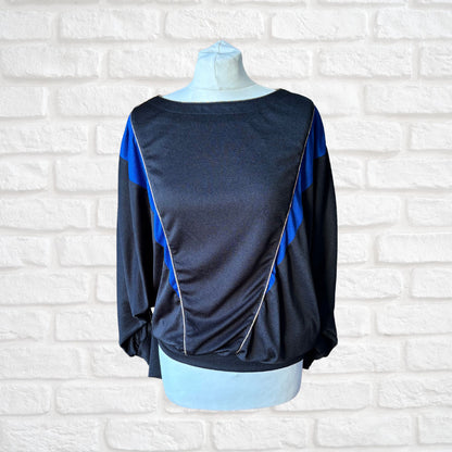 Vintage 80s Black Batwing Sleeved Top with Sparkly Gold Piping. Approx  UK size 12-14