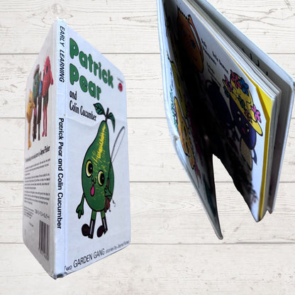 Children's book titled 'Patrick Pear and Colin Cucumber' with a cartoon pear character on the cover.