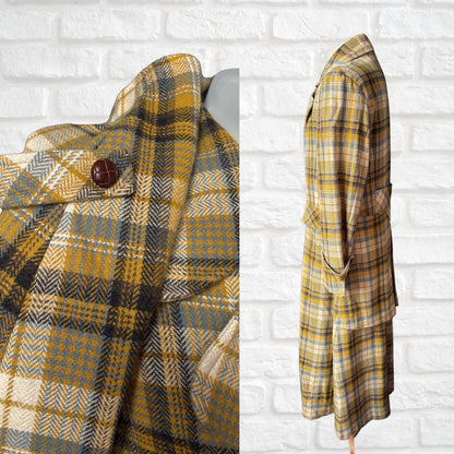 Vintage 1990s Gold and Grey Checked Maxi Length Wool Coat. Approx UK size 16-18 (w) Large (m)