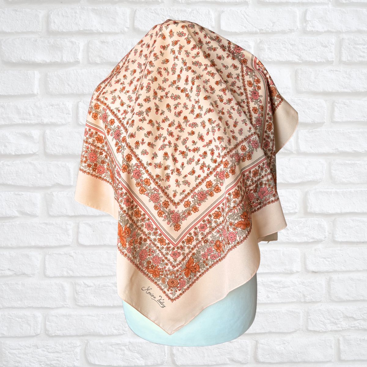 Stylish Peach Floral Print Monique Valery Large Square Vintage Scarf. Great Gift idea
