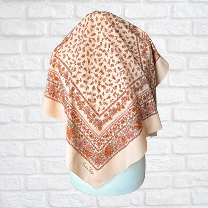 Stylish Peach Floral Print Monique Valery Large Square Vintage Scarf. Great Gift idea