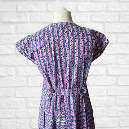Vintage 1950s Pink and Blue  Cotton Striped Summer Dress. Approx UK size 10-12