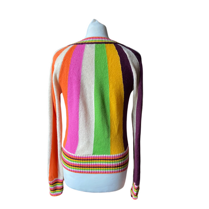 Vintage Italian Wool Multi Coloured Stripe V Neck Jumper.Approx UK size 8-10