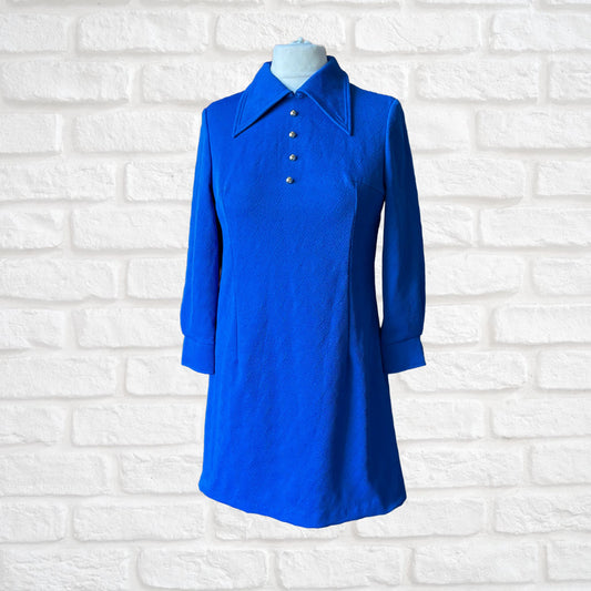 Vintage 1960s Long Sleeves Bright Blue Mini Dress with Dagger Collar. Approx UK size 12-14