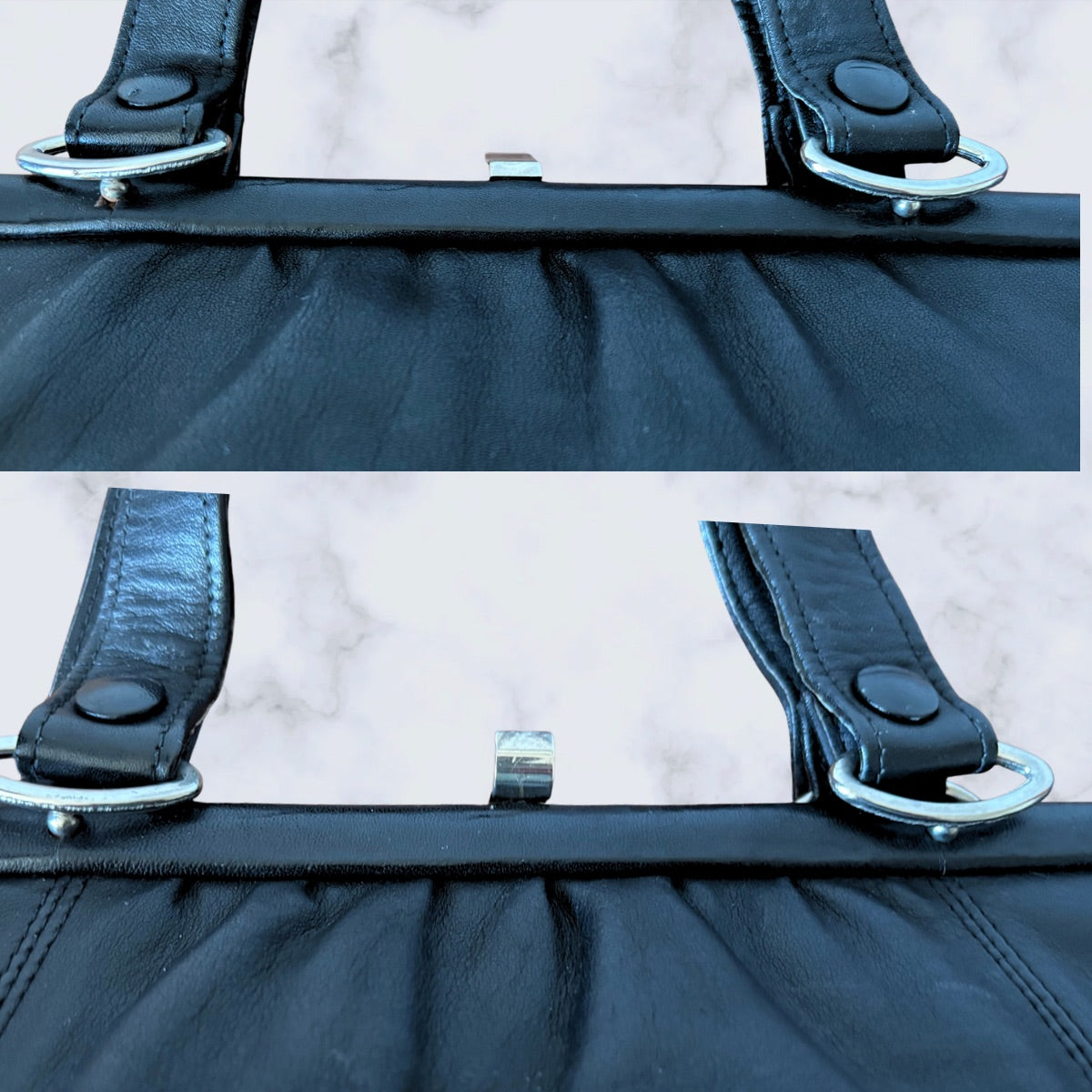 Close-up of a black leather bag with Silver coloured metal hardware on a white background