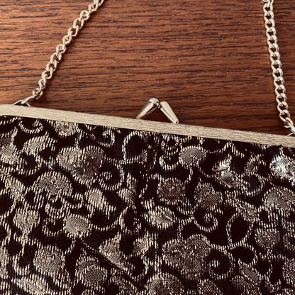 60s black and gold sparkly floral print handbag with matching mini hand mirror. Great gift idea.