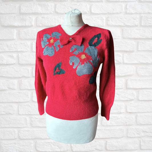 Vintage 80s Style Fluffy Red Jumper with Embellished Floral Detail and Bow. Approx UK size 8-10