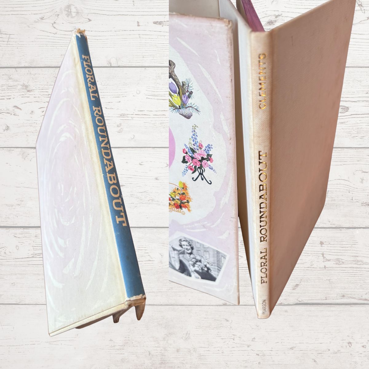Spine close up of floral roundabout  book design on a wooden surface