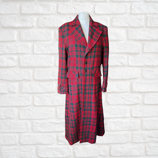 Vintage 1990s Red and Green Checked Maxi Length Wool Coat. Approx UK size 16-18 (w) Large (m)