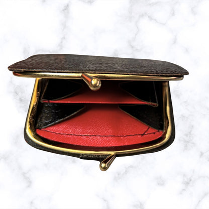 Vintage Textured Black Leather Clasp Top Purse/Wallet with Blue Tartan Insert  - Stylish and Practical