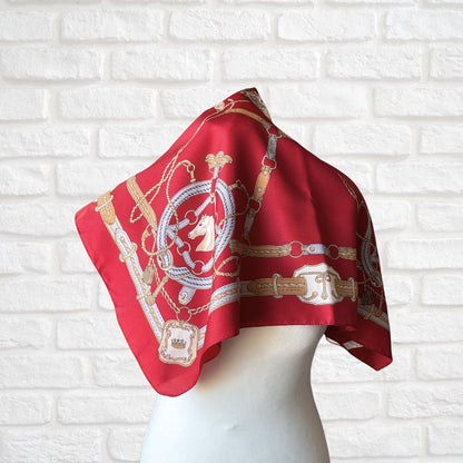 Stylish Red, Gold , Silver and Cream Equestrian Style Square Vintage Scarf. Great Gift idea