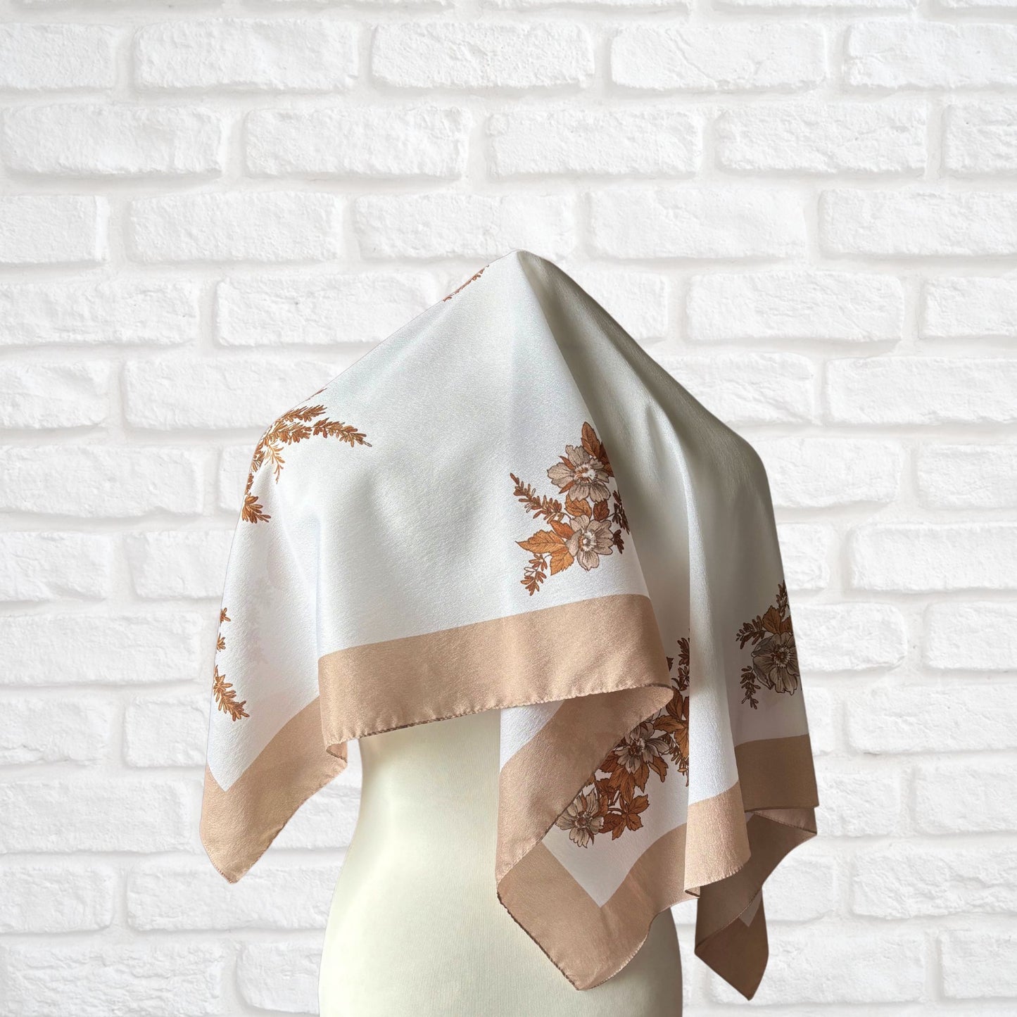 Stylish Brown and White Square Botanical Vintage Scarf. Great Gift idea