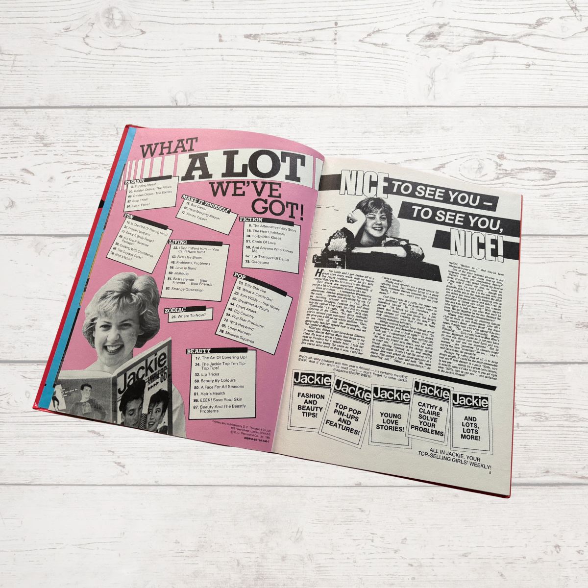 Vintage Jackie Annual 1986 Open on the contents page on a white background 