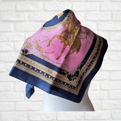 Pink, Navy Blue and Gold Heraldic Style Large Square Vintage Scarf. Great Gift idea