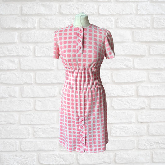 60s Pink Geometric Print Short Sleeved Vintage Scooter Dress. Approx UK size 8-10