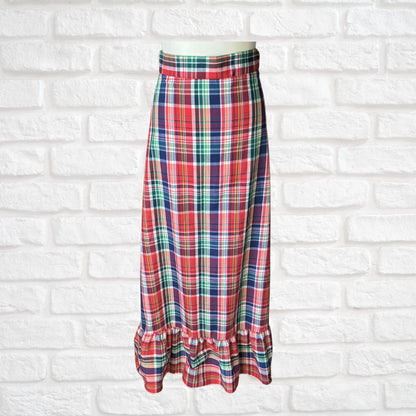 1970s Red, White, Blue and Green Checked Vintage Maxi Skirt . Approx UK size 8-10