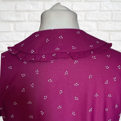 Vintage 70s Magenta Prairie Dress with Frill Neckline & Sleeves. Approx UK size 12 -14