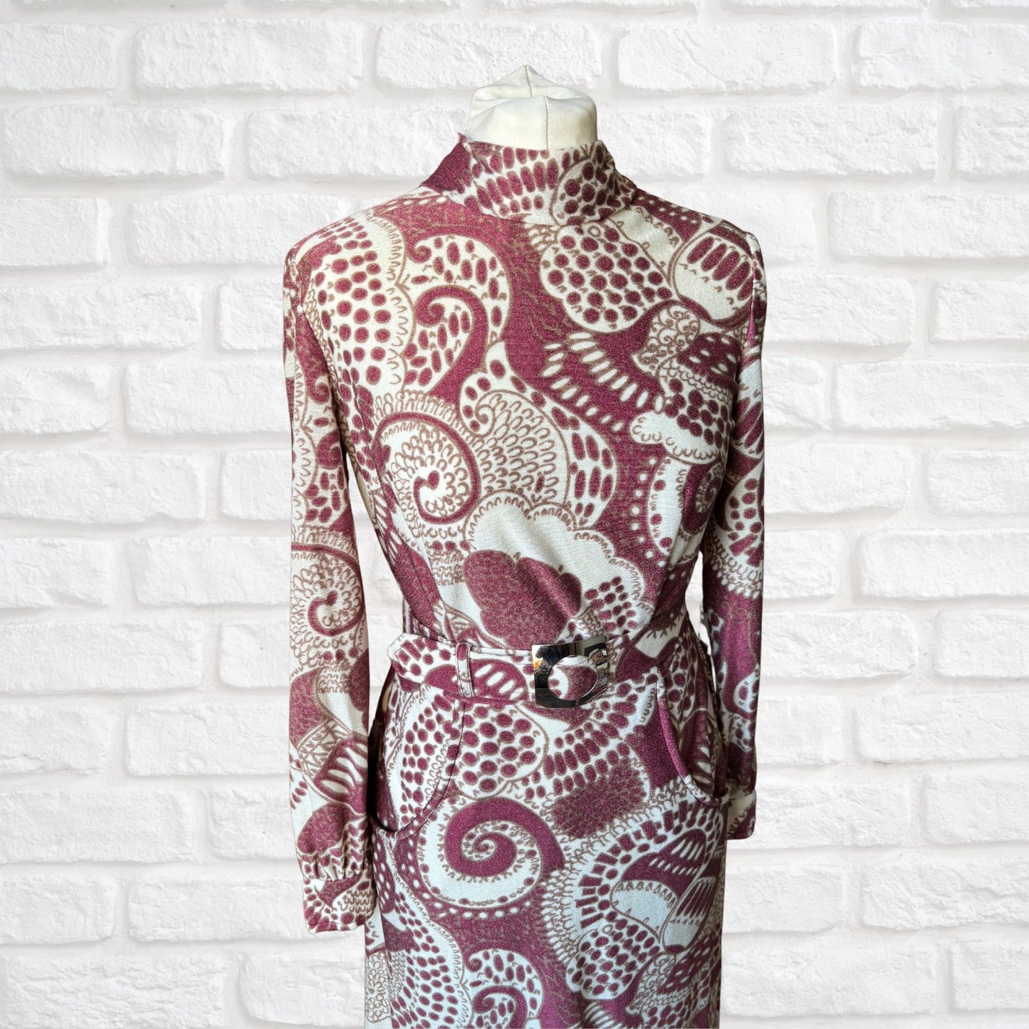 Vintage 70s Long-Sleeved Maxi Dress in Cream, Burgundy & Brown Abstract Print with Matching Belt . Approx UK size 8-10