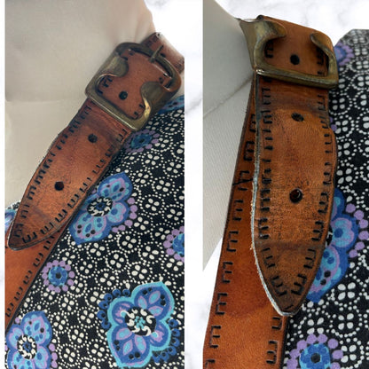 70s Boho Brown Tooled Leather Vintage Shoulder Bag with Buckle Fastening