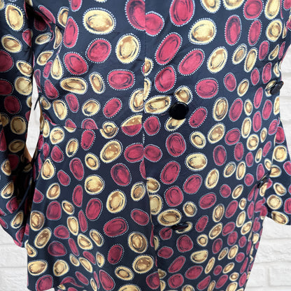 Vintage 80s Black Peplum Dress with Red & Gold Lozenge Print by Liz Roberts. Approx UK Size 16-18