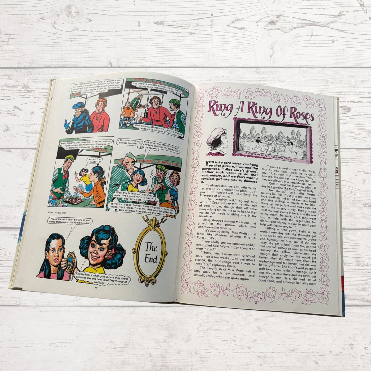 1981 Mandy for Girls Vintage Annual open on comic story page and illustrated article on a white background