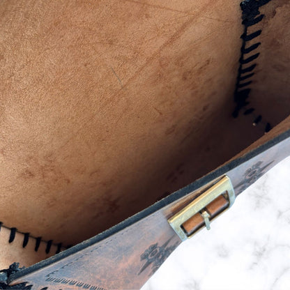 70s Boho Brown Tooled Leather Vintage Shoulder Bag with Buckle Fastening