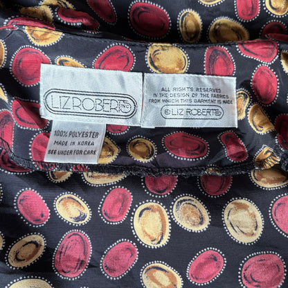 Vintage 80s Black Peplum Dress with Red & Gold Lozenge Print by Liz Roberts. Approx UK Size 16-18