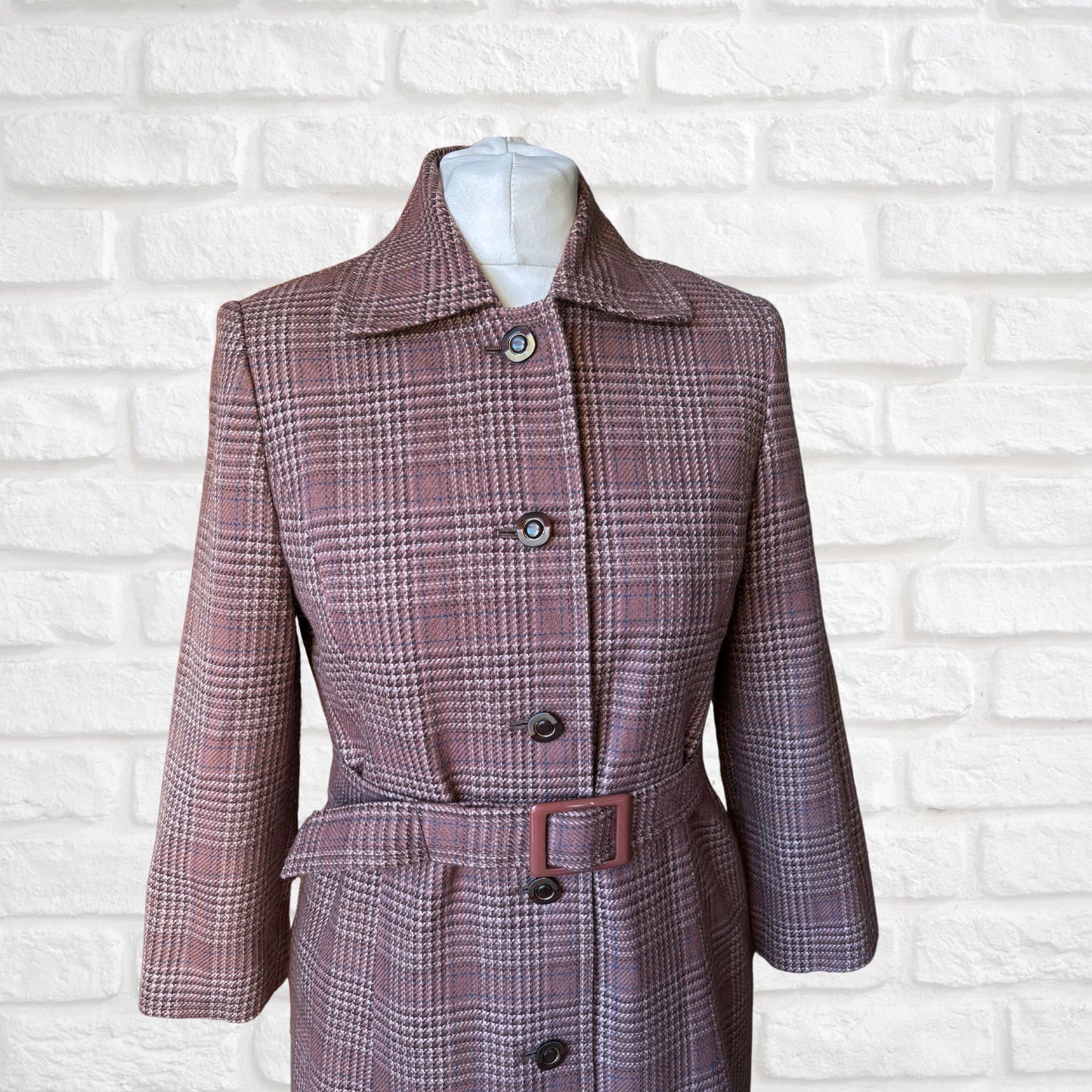 Vintage Wool Blend Trench Coat - Brown, Blue & White Checked Pattern with Matching Belt . Approx UK size 8-10