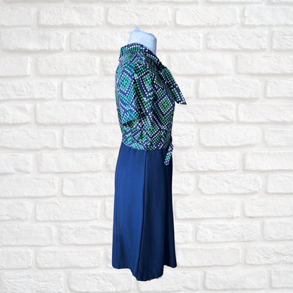 Vintage 70s Navy Blue, Green and White Geometric Print Dress with Tie Neck and Matching Belt . Approx UK size 14-16