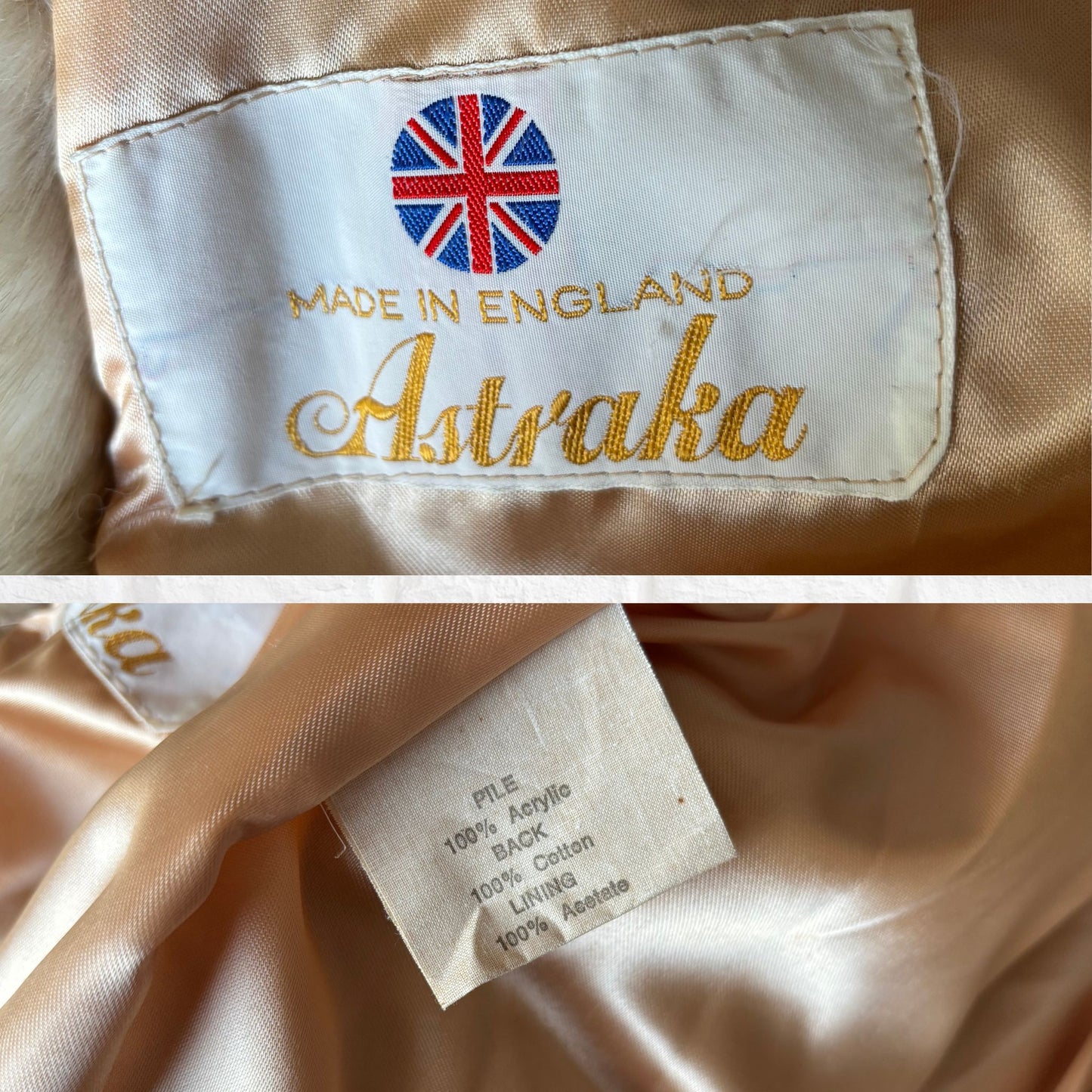 Vintage 1970s Dark Cream Astraka Faux Fur Coat – Made in England. Approx UK size 10-12