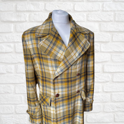 Vintage 1990s Gold and Grey Checked Maxi Length Wool Coat. Approx UK size 16-18 (w) Large (m)