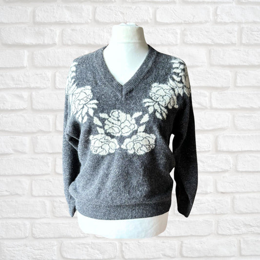 Vintage Grey V-Neck Fluffy Jumper with White Floral Detail. Approx UK size 16-20