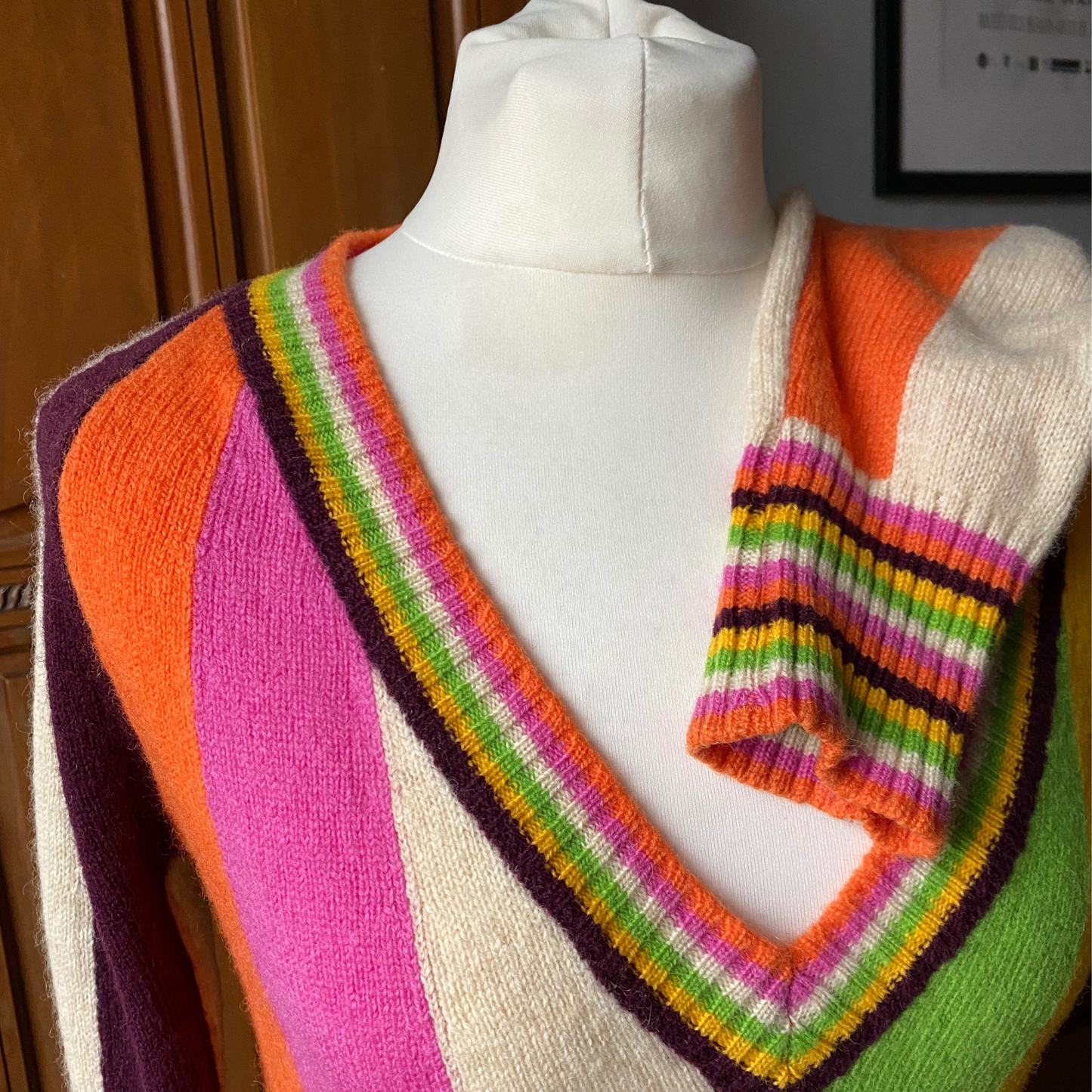 Vintage Italian Wool Multi Coloured Stripe V Neck Jumper.Approx UK size 8-10