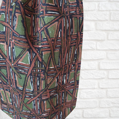 60s Mod Style Green, Brown and White Abstract Print Vintage Cravat