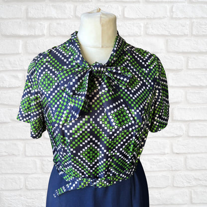 Vintage 70s Navy Blue, Green and White Geometric Print Dress with Tie Neck and Matching Belt . Approx UK size 14-16