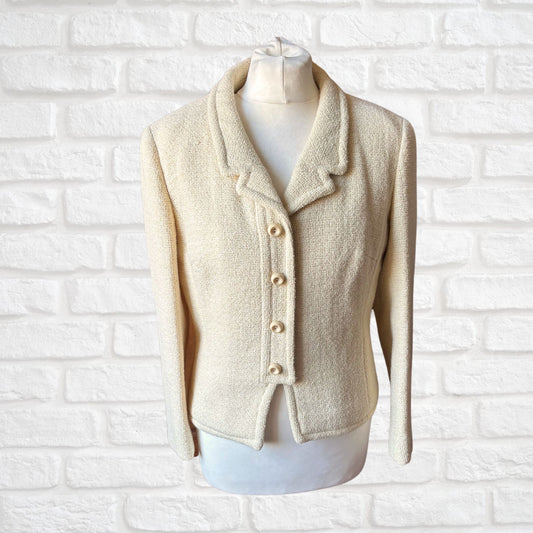 Vintage 60s Cream Textured Jacket with Decorative Button Front. Approx UK size 10