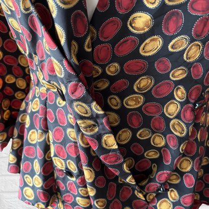 Vintage 80s Black Peplum Dress with Red & Gold Lozenge Print by Liz Roberts. Approx UK Size 16-18