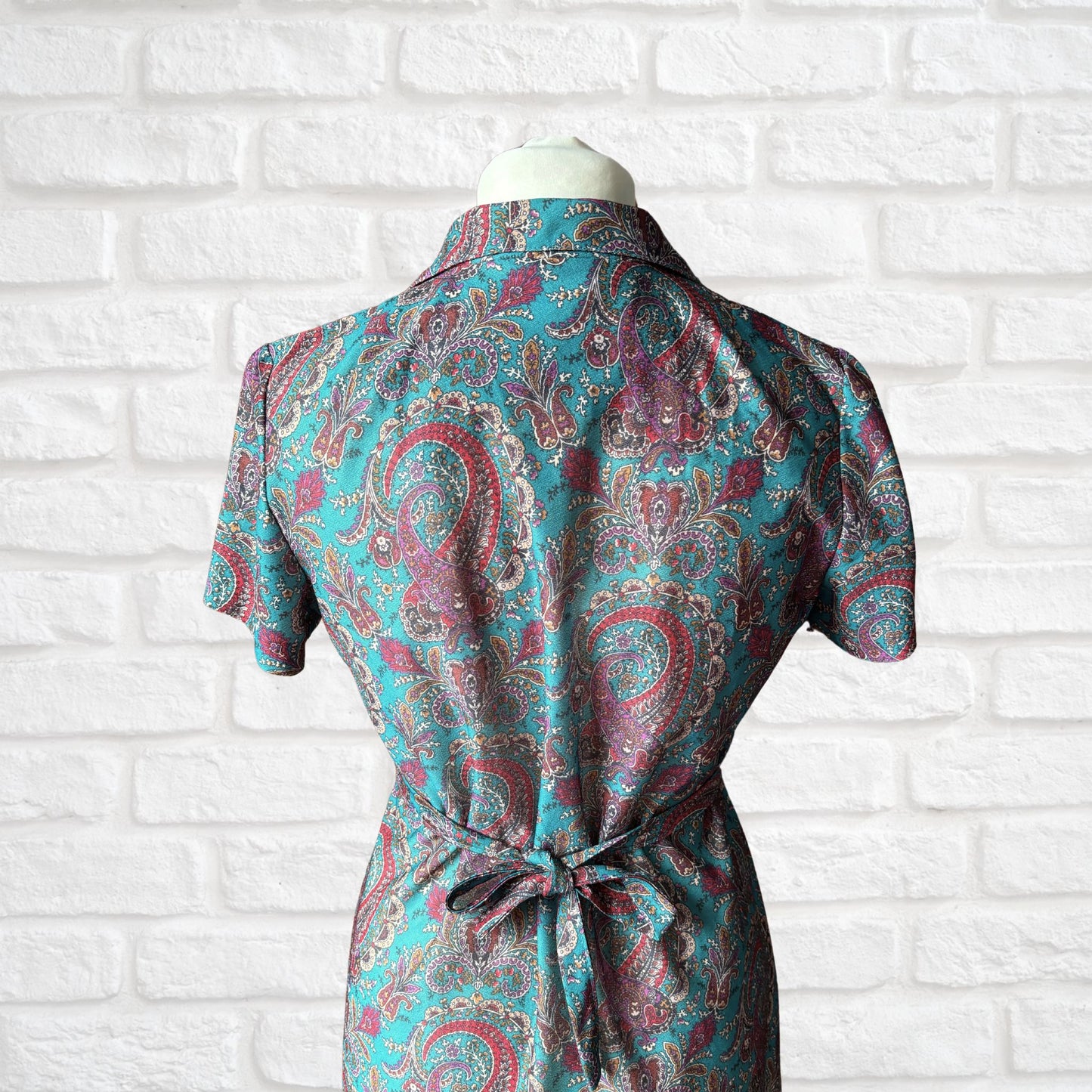 Vintage 70s Teal & Purple Paisley A-Line Mini Dress with Matching Belt. Approx UK size 14