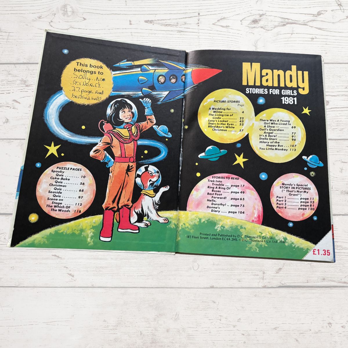 1981 Mandy for Girls Vintage Annual open on the contents page  on a white background 