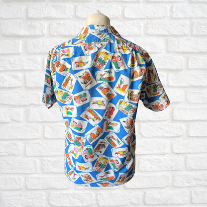 70s Blue Cartoon Novelty Print Vintage Cotton Shirt. Approx UK size M (men) 14-16( women )