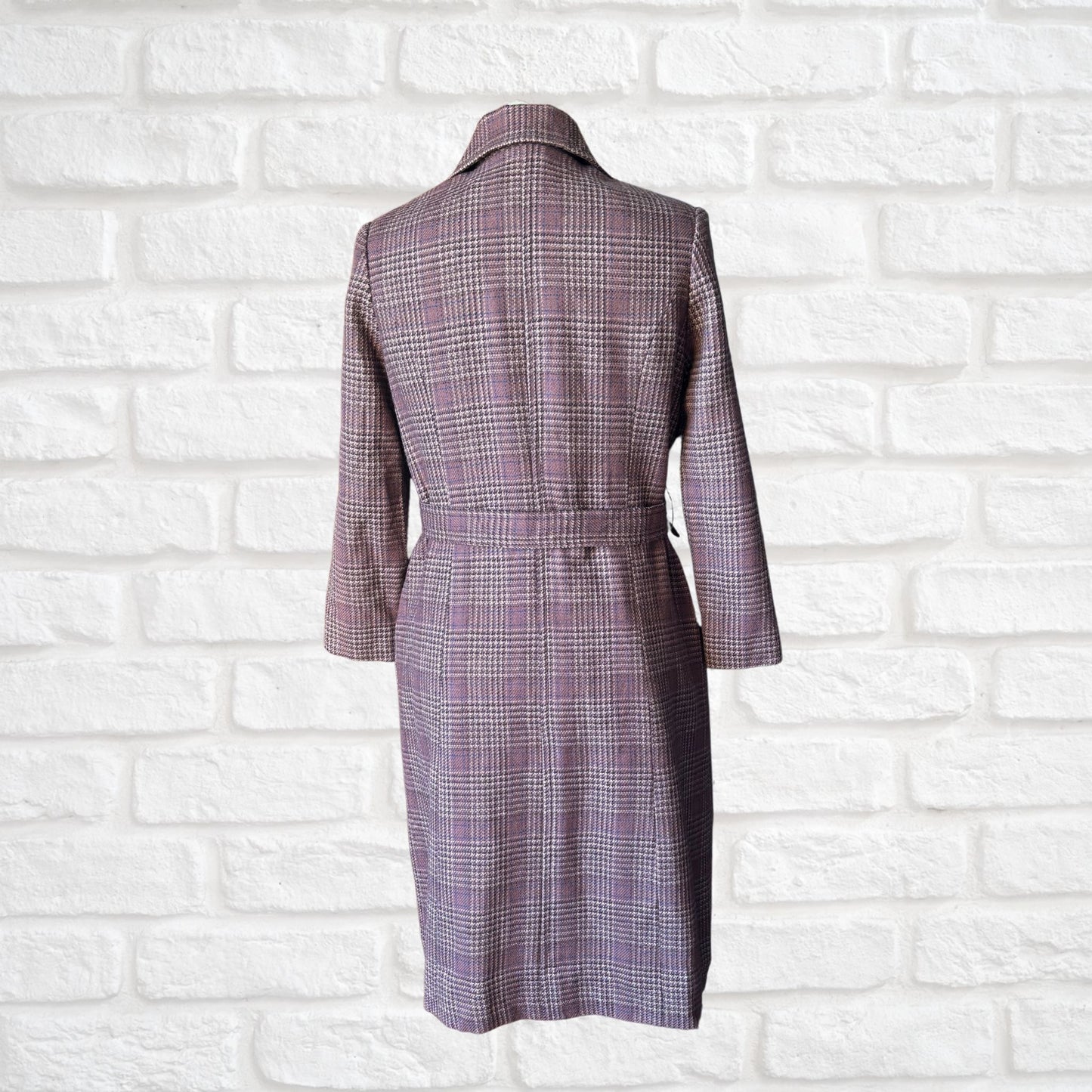 Vintage Wool Blend Trench Coat - Brown, Blue & White Checked Pattern with Matching Belt . Approx UK size 8-10