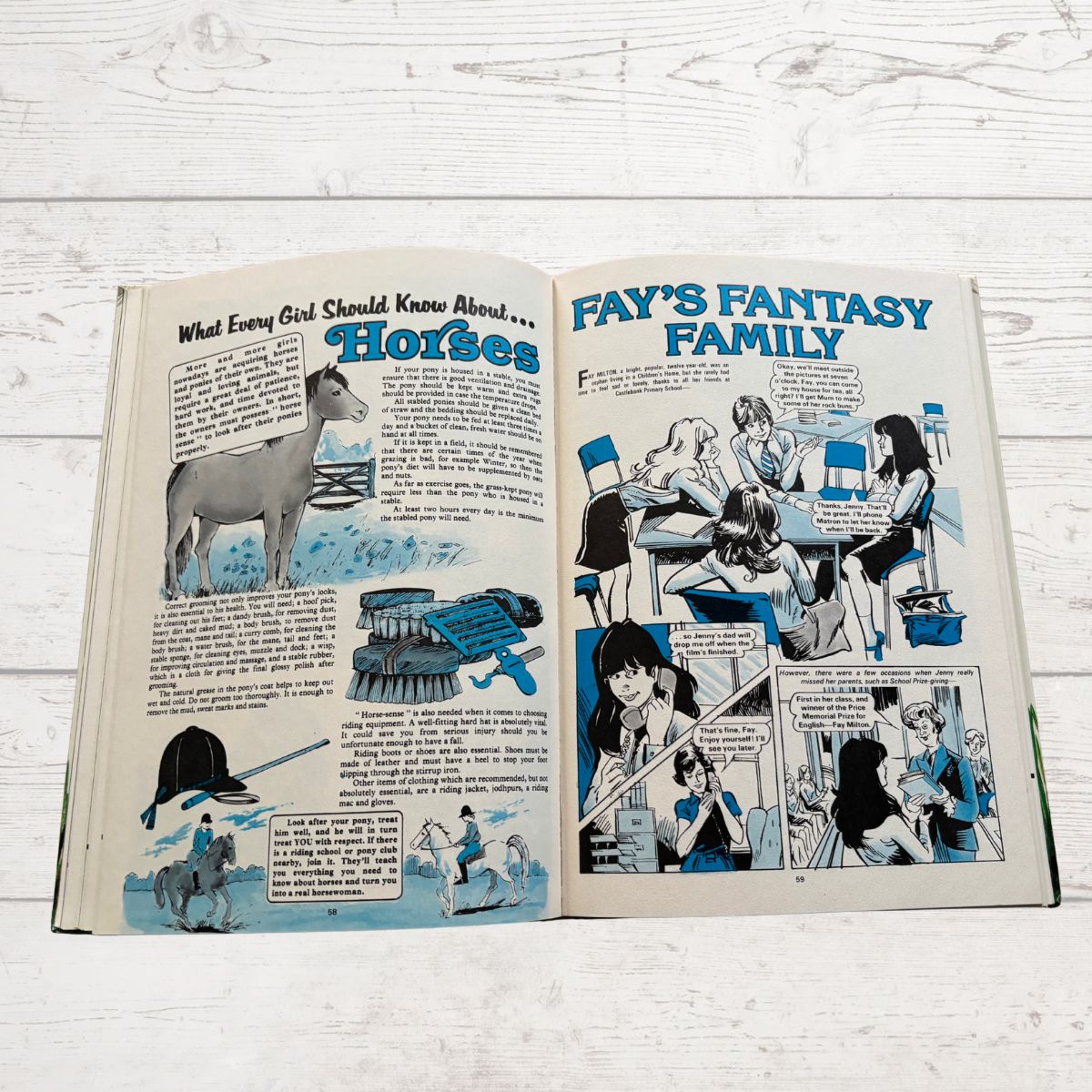 Vintage 1986 Mandy for Girls annual open on a white background