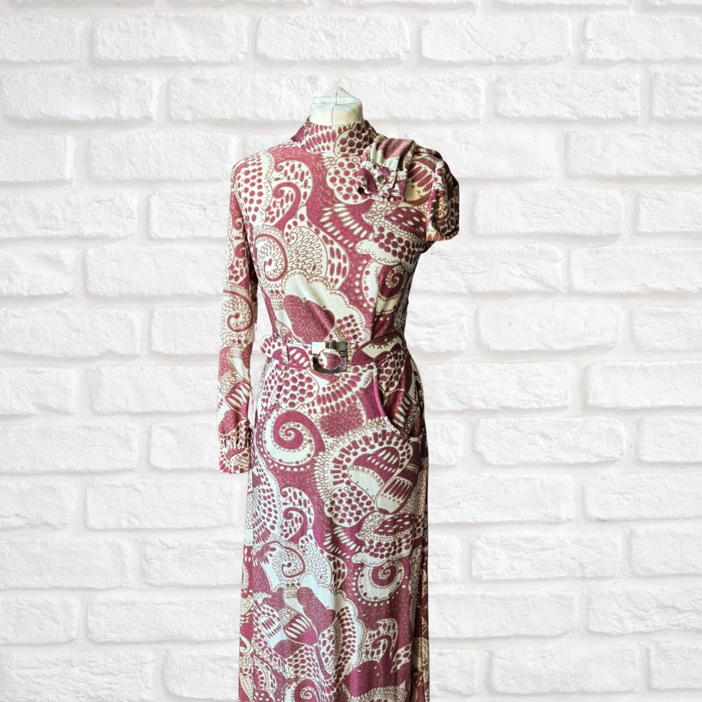 Vintage 70s Long-Sleeved Maxi Dress in Cream, Burgundy & Brown Abstract Print with Matching Belt . Approx UK size 8-10