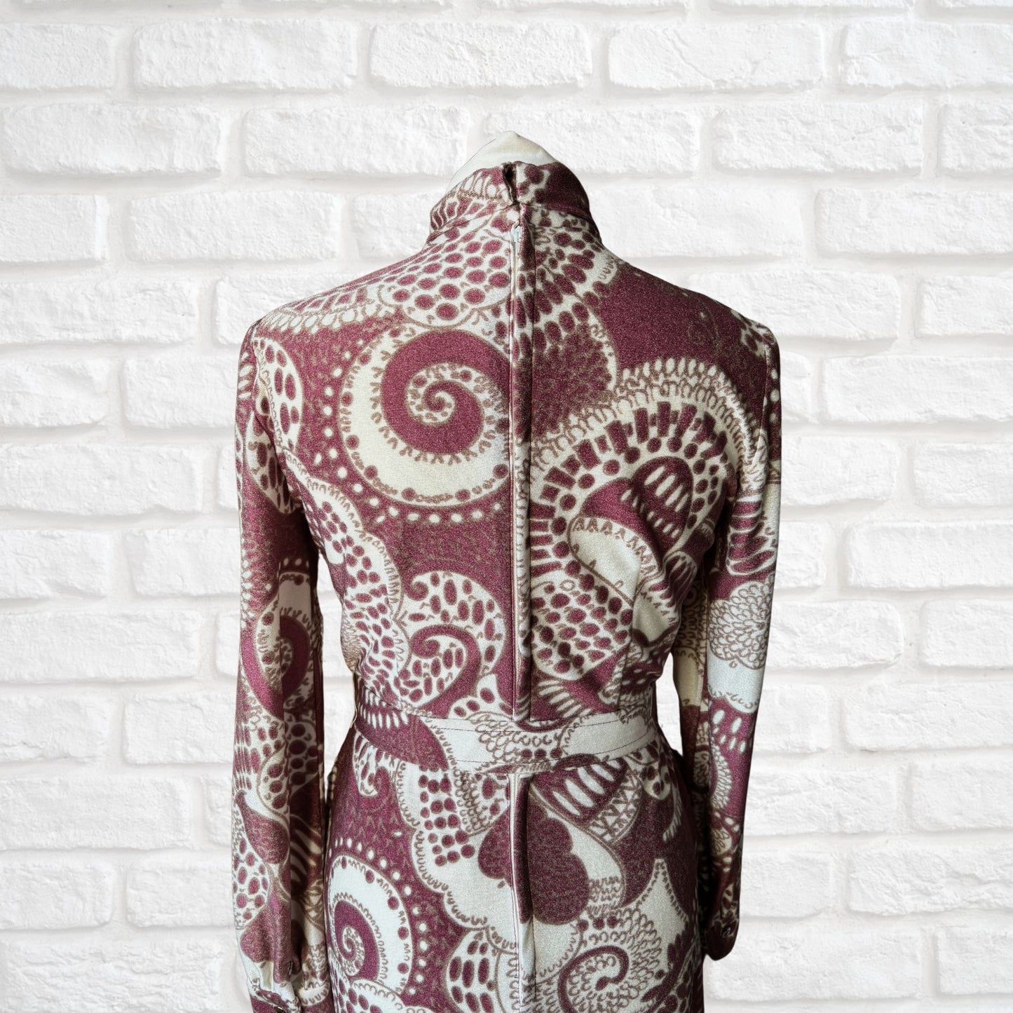 Vintage 70s Long-Sleeved Maxi Dress in Cream, Burgundy & Brown Abstract Print with Matching Belt . Approx UK size 8-10