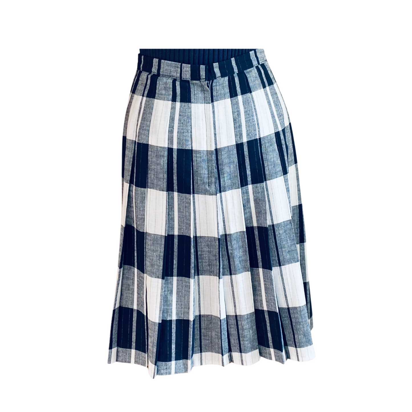 80s blue and white pleated midi skirt by St. Michael.  Approx UK size 8-10