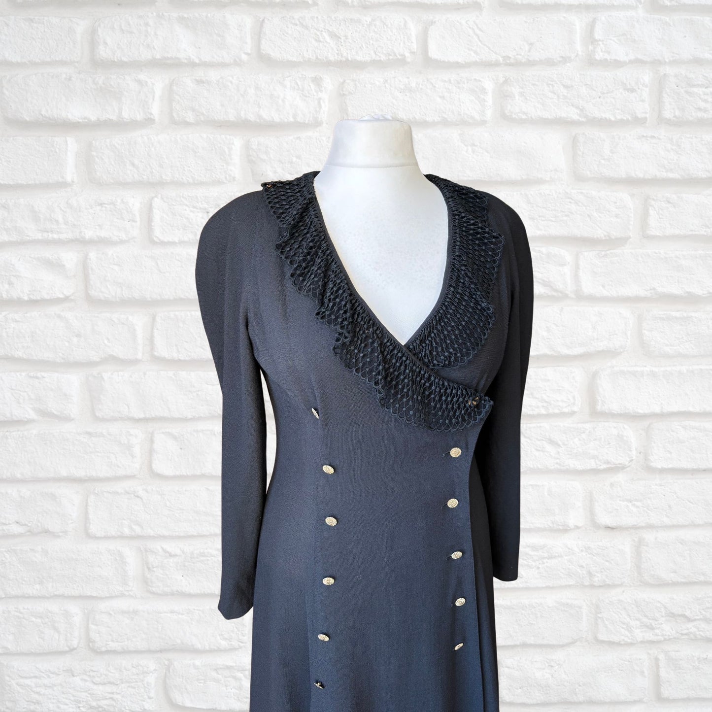 80s Black Wrap Suit Style Vintage Dress with Dark Gold Metal Buttons. Approx UK Size 14-16