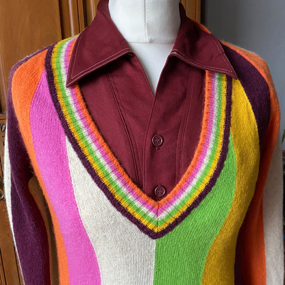 Vintage Italian Wool Multi Coloured Stripe V Neck Jumper.Approx UK size 8-10